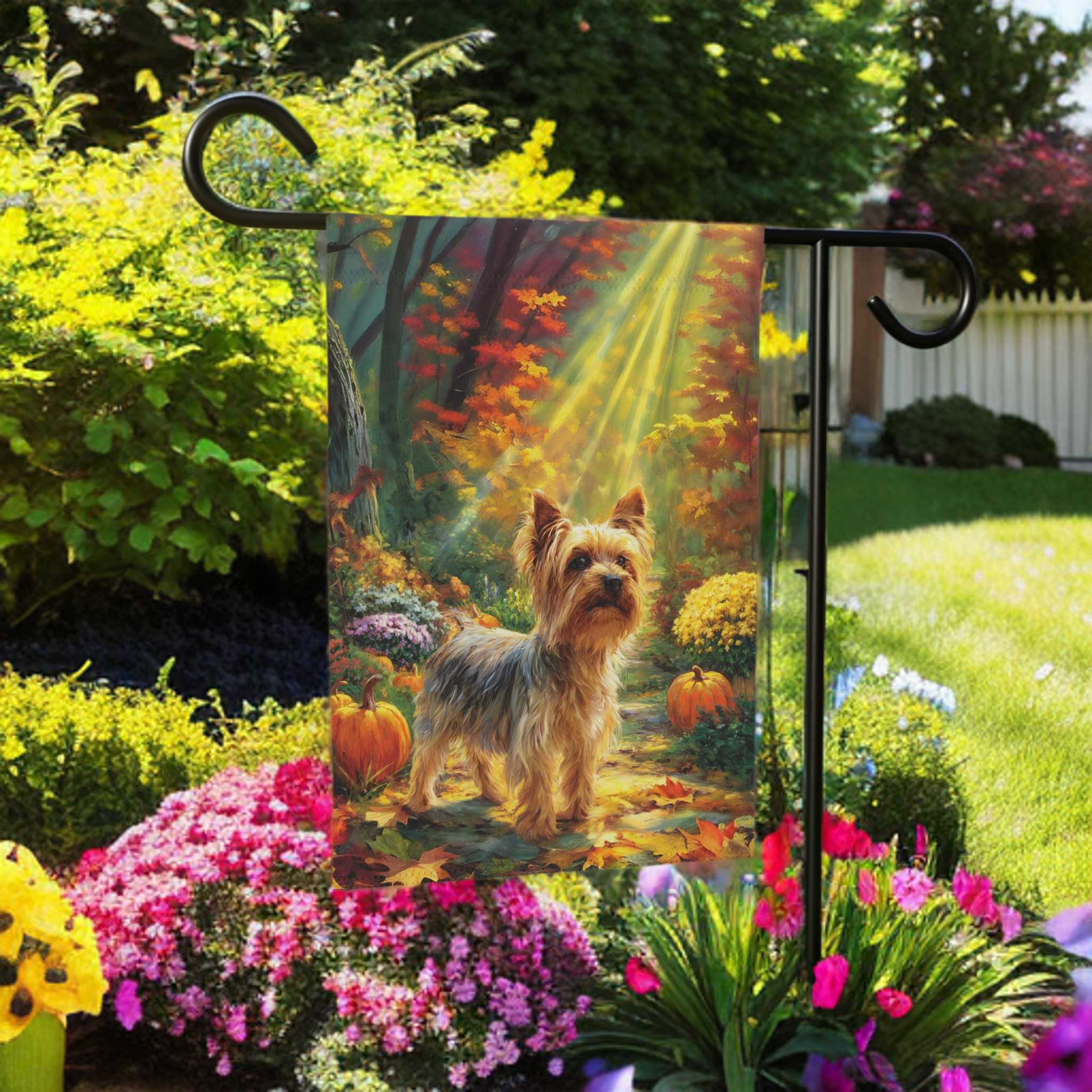 Fall Sunlight Yorkshire Terrier Garden Flag - front view - Dragonfire Gardens