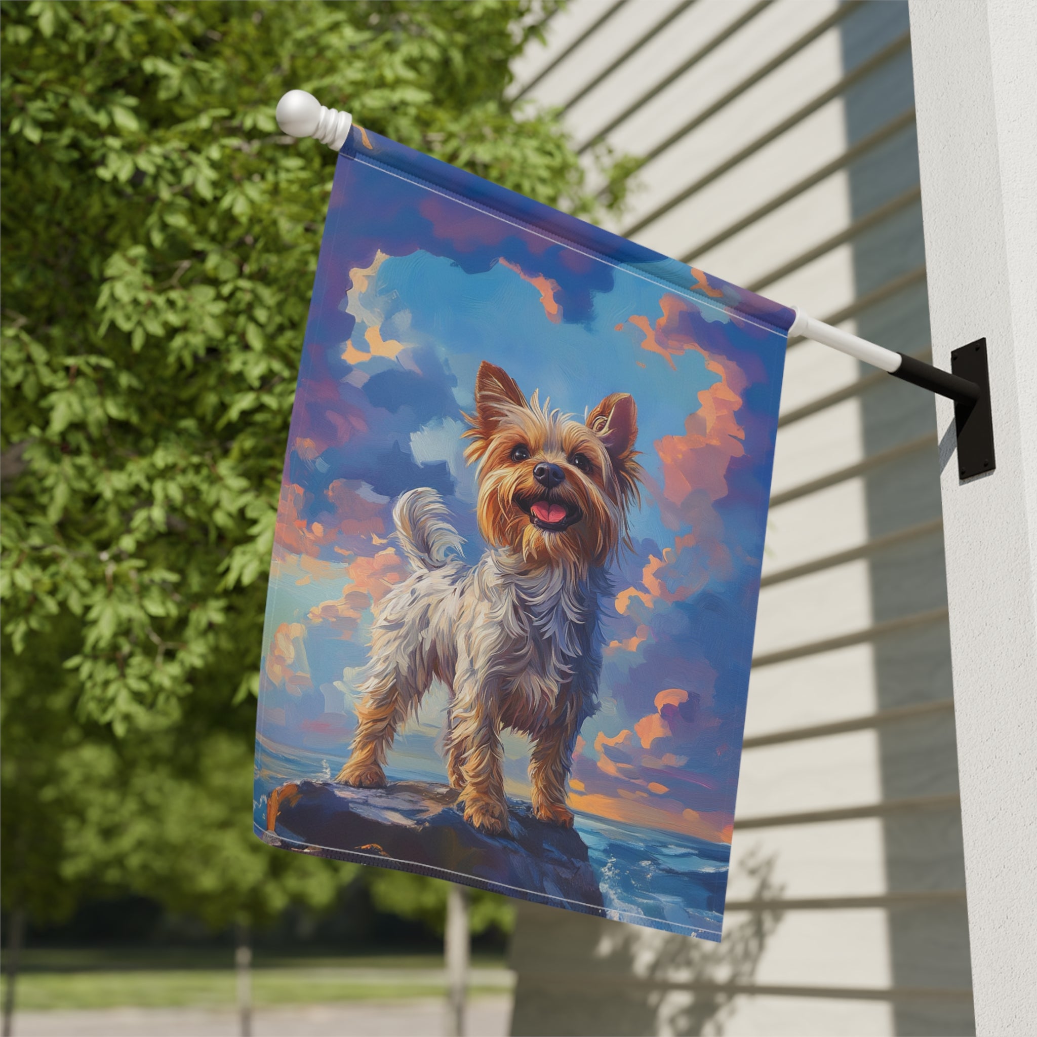 Yorkshire Terrier Sea Rock Garden Flag - close-up detail - Dragonfire Gardens