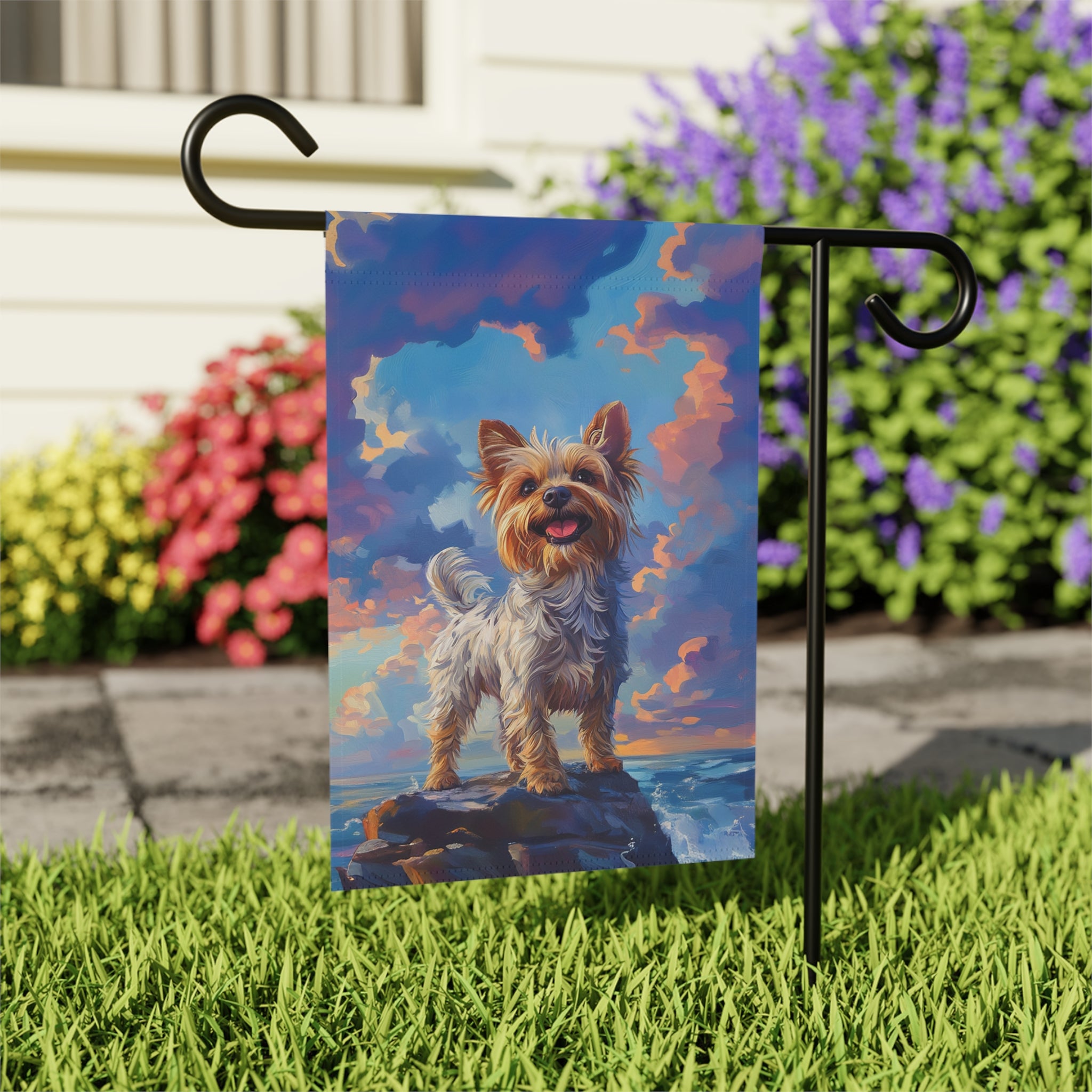 Yorkshire Terrier Sea Rock Garden Flag - outdoor display - Dragonfire Gardens