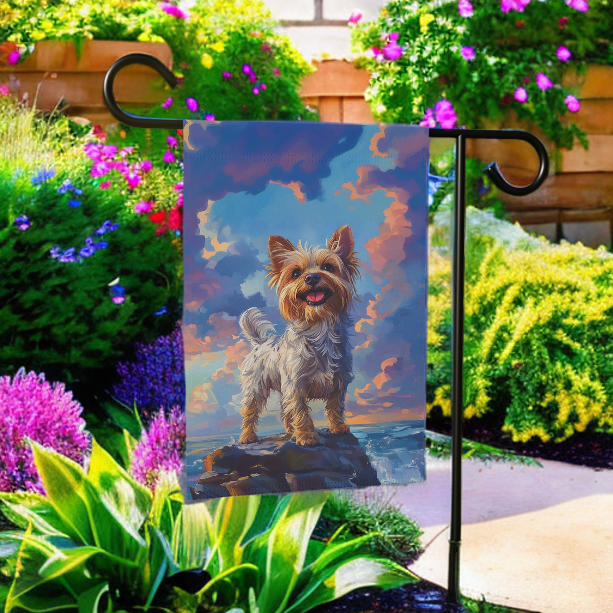 Yorkshire Terrier Sea Rock Garden Flag - front view - Dragonfire Gardens