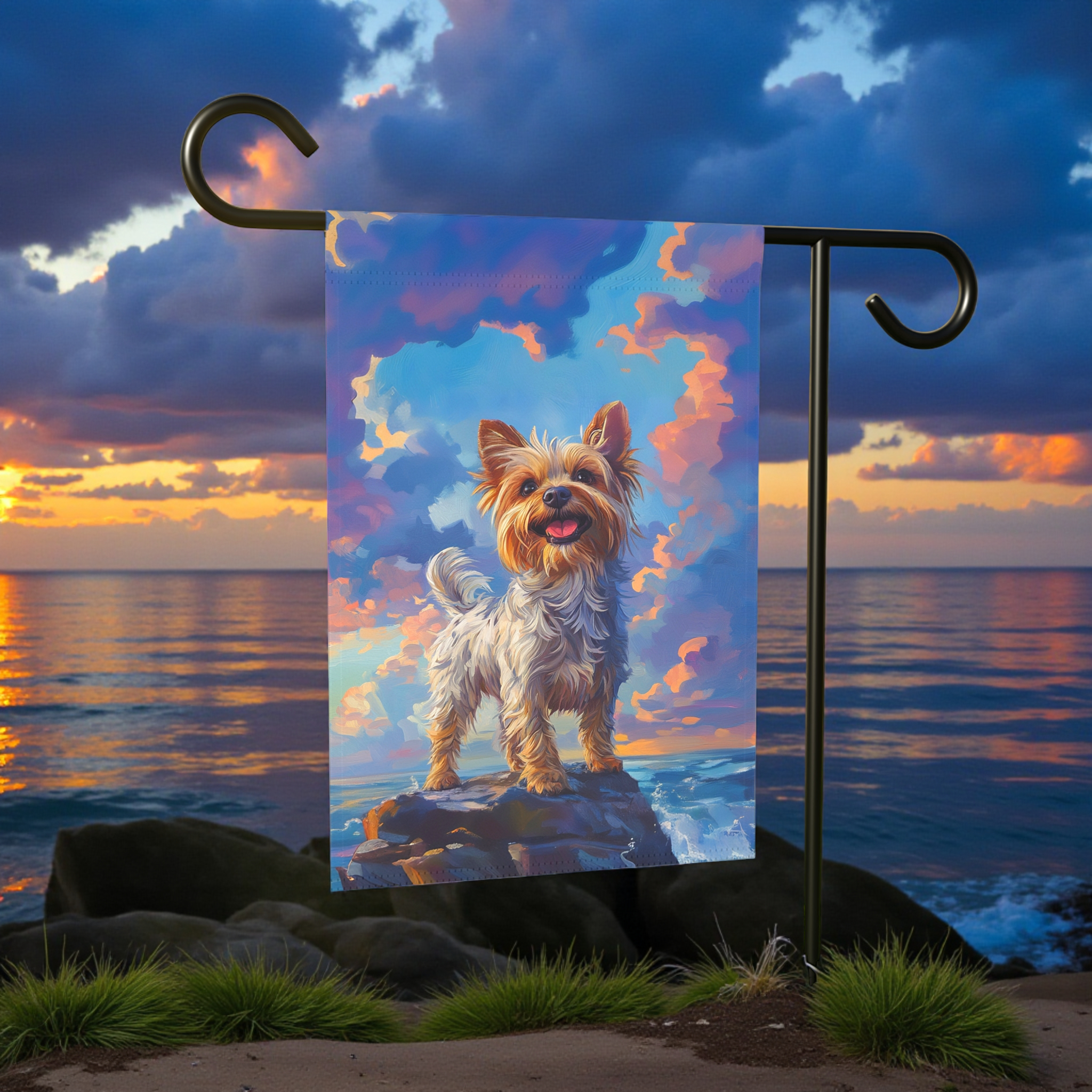Yorkshire Terrier Sea Rock Garden Flag - size comparison - Dragonfire Gardens