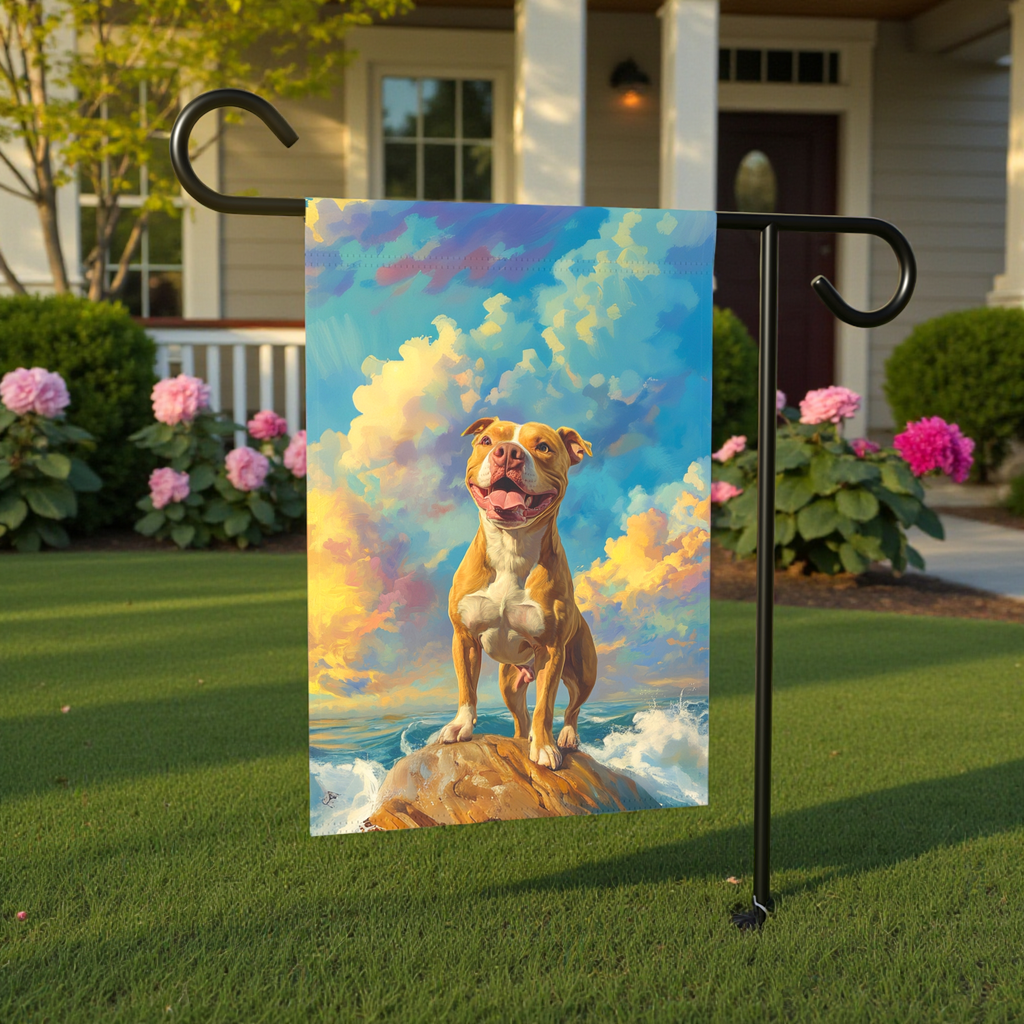 Pitbull Sea Rock Garden Flag - size comparison - Dragonfire Gardens
