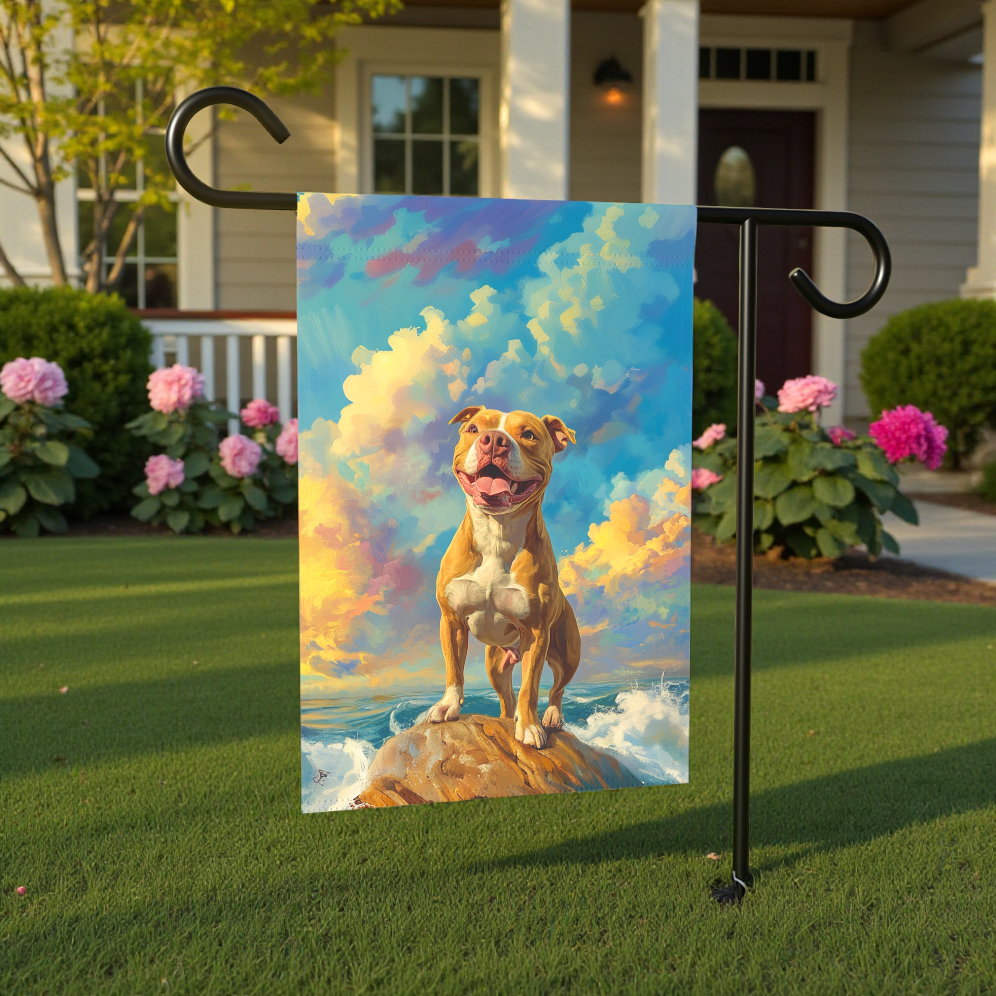 Pitbull Sea Rock Garden Flag - size comparison - Dragonfire Gardens