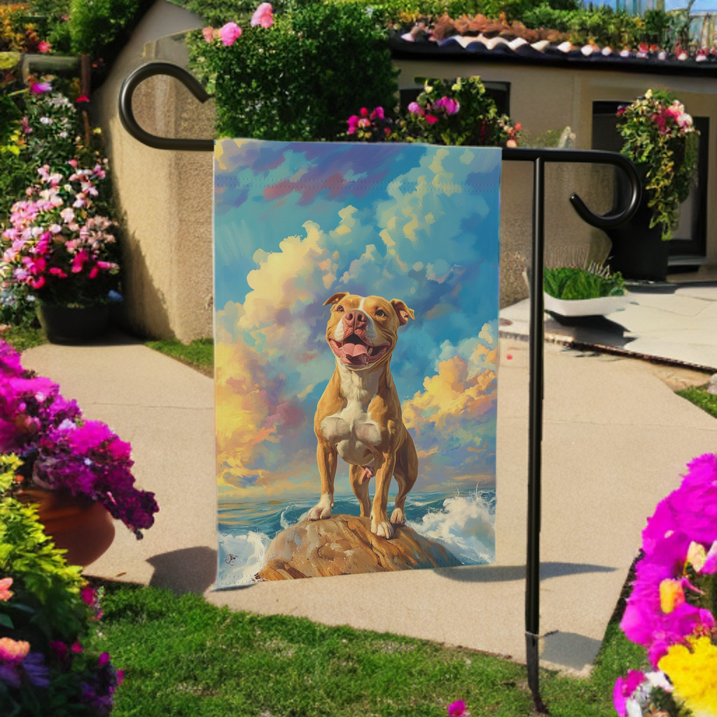 Pitbull Sea Rock Garden Flag - lifestyle display - Dragonfire Gardens