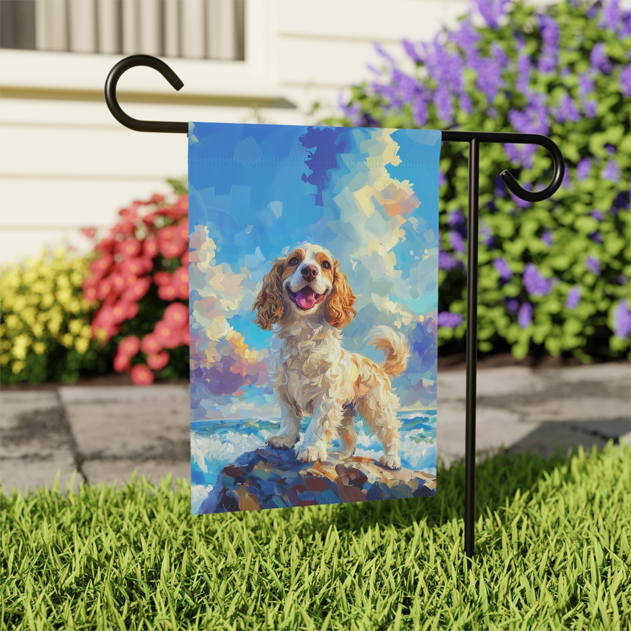 Sea Rock Cocker Spaniel Garden Flag - outdoor display - Dragonfire Gardens