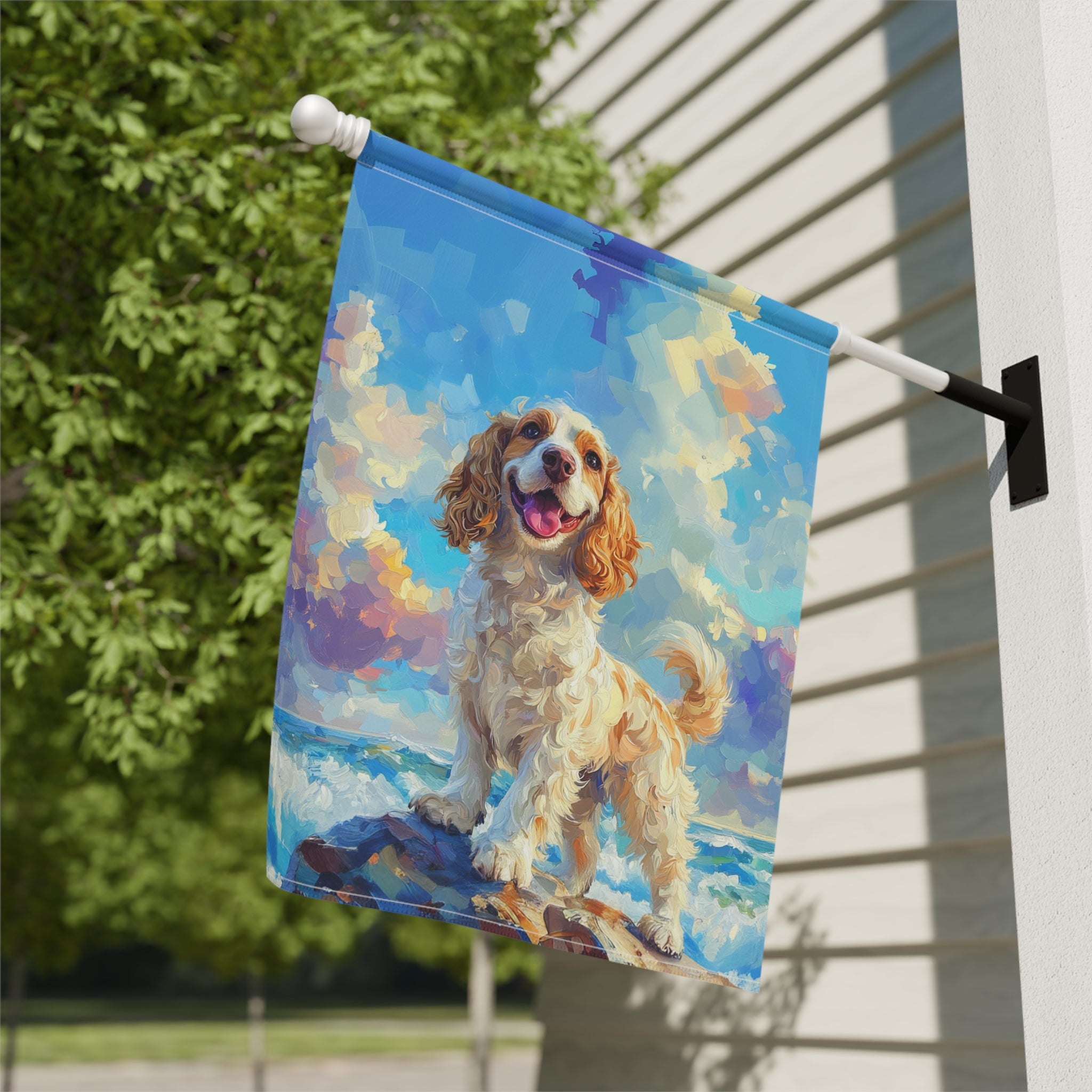 Sea Rock Cocker Spaniel Garden Flag - close-up detail - Dragonfire Gardens