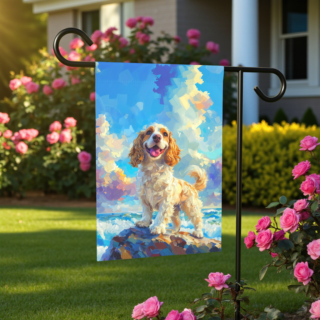 Sea Rock Cocker Spaniel Garden Flag - front view - Dragonfire Gardens