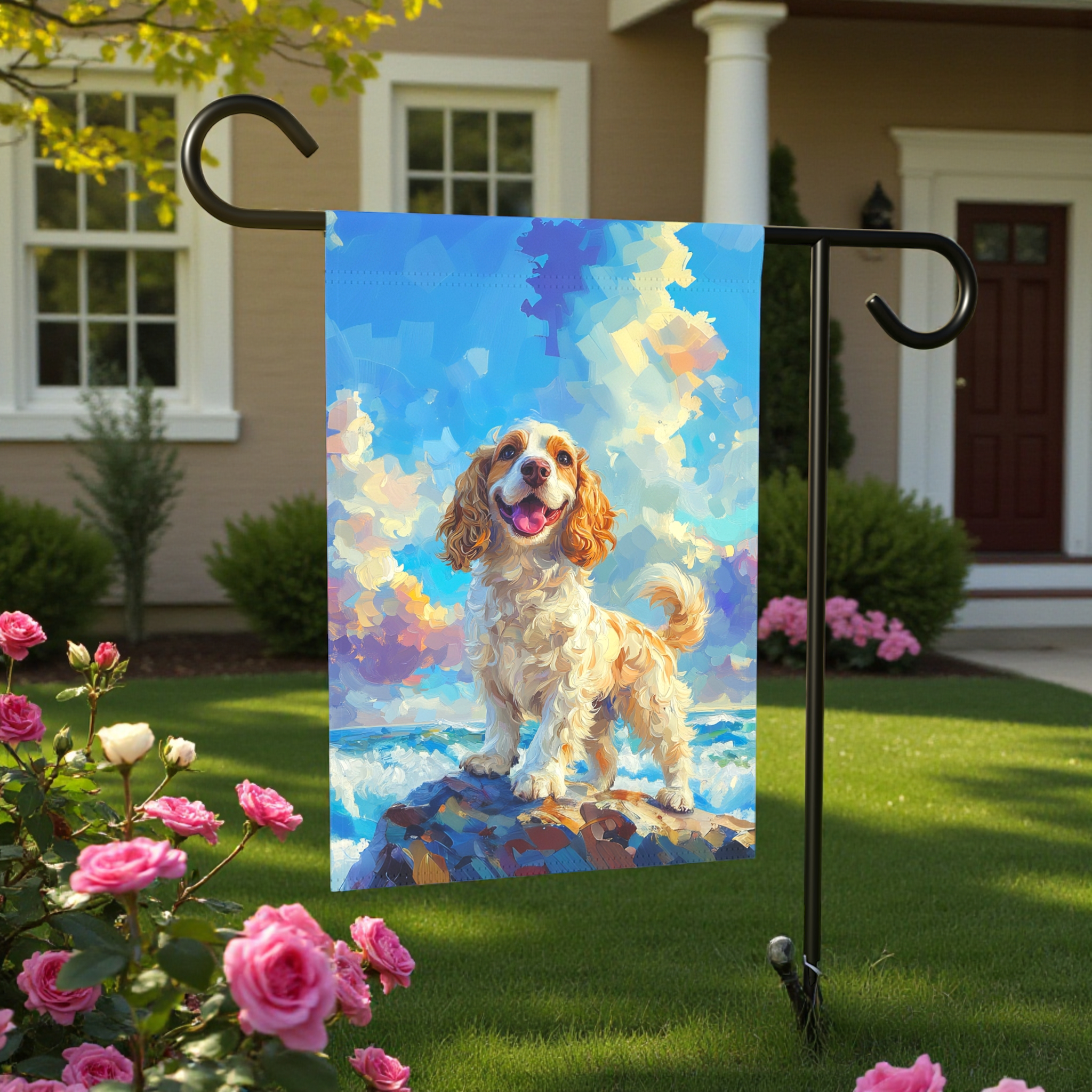 Sea Rock Cocker Spaniel Garden Flag - size comparison - Dragonfire Gardens