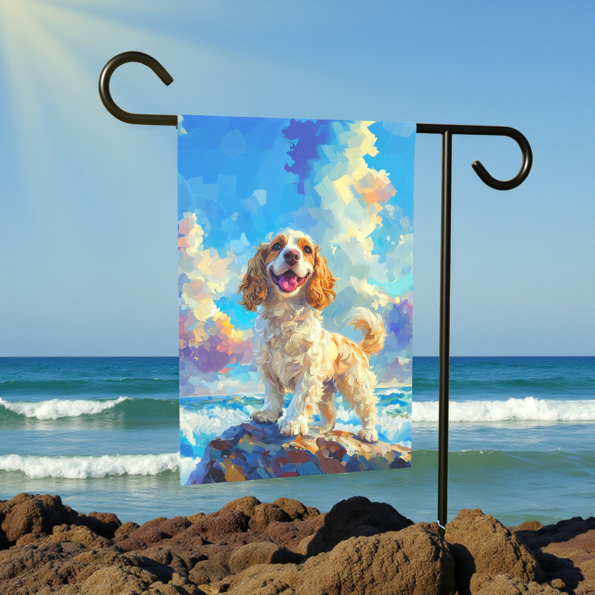 Sea Rock Cocker Spaniel Garden Flag - lifestyle display - Dragonfire Gardens