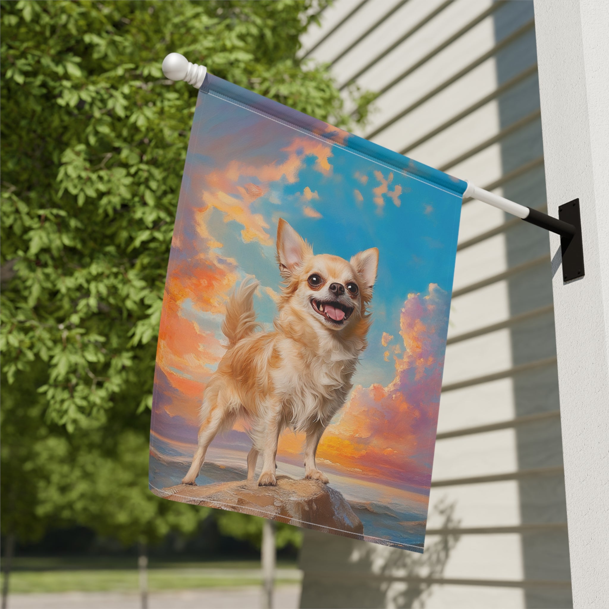 Sea Rock Chihuahua Garden Flag - close-up detail - Dragonfire Gardens