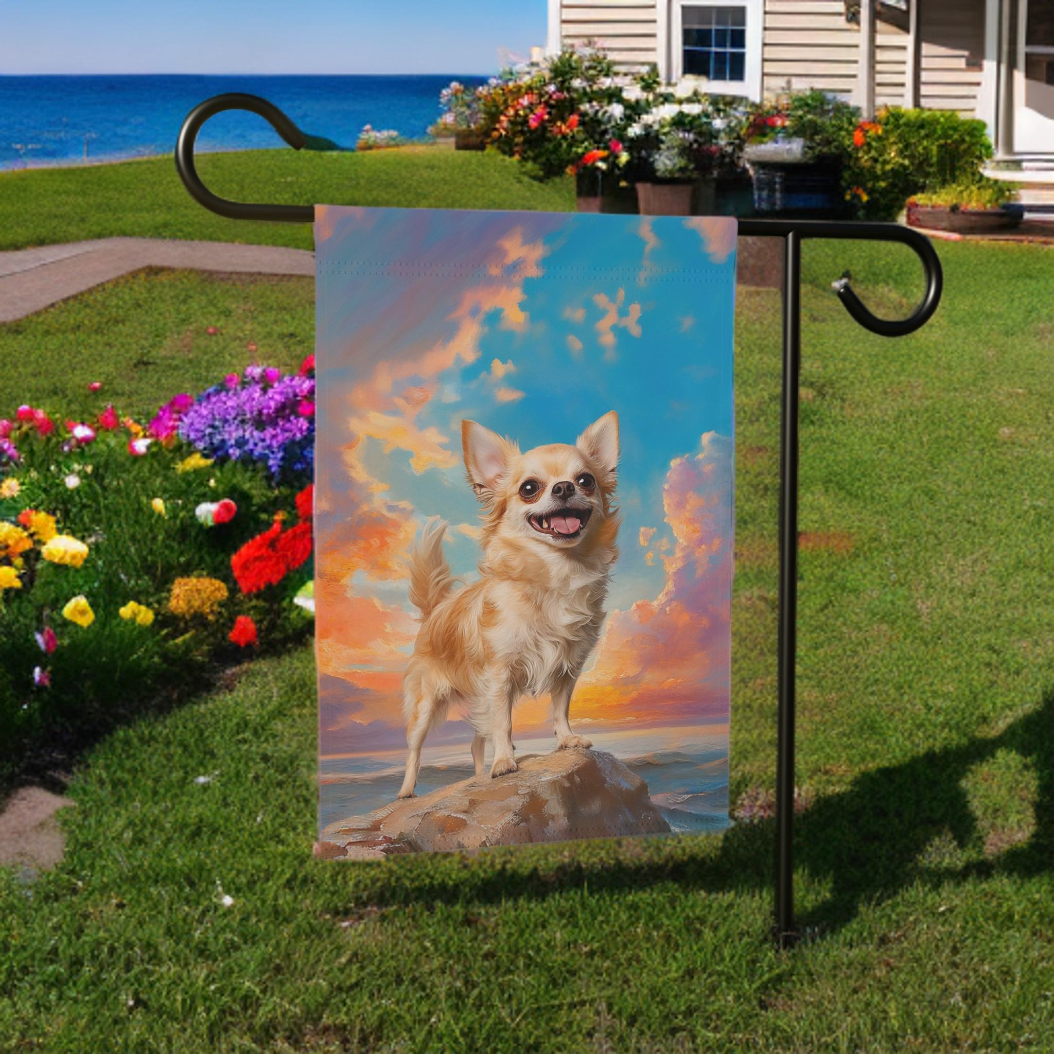 Sea Rock Chihuahua Garden Flag - size comparison - Dragonfire Gardens