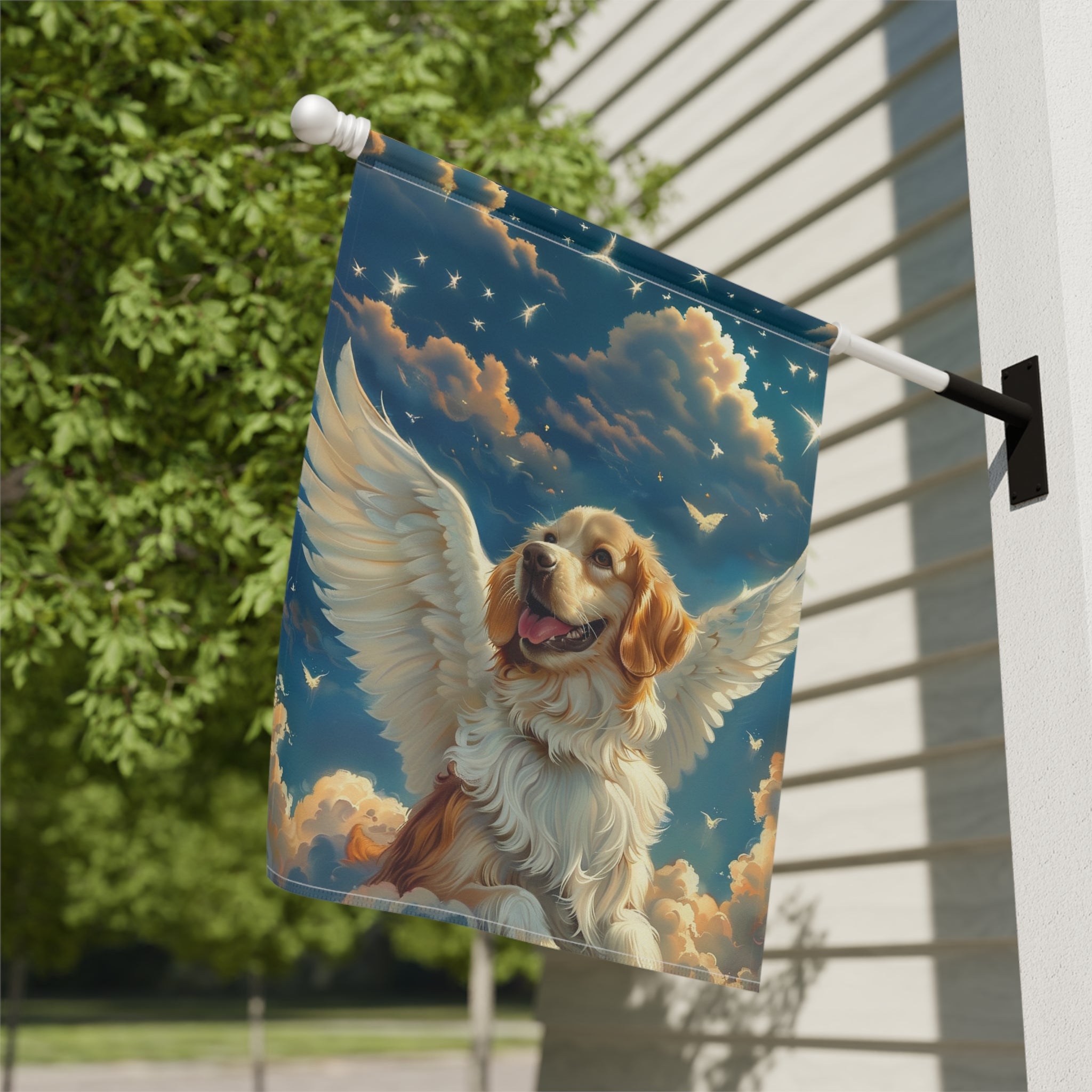 Angel Golden Retriever Garden Flag - close-up detail - Dragonfire Gardens