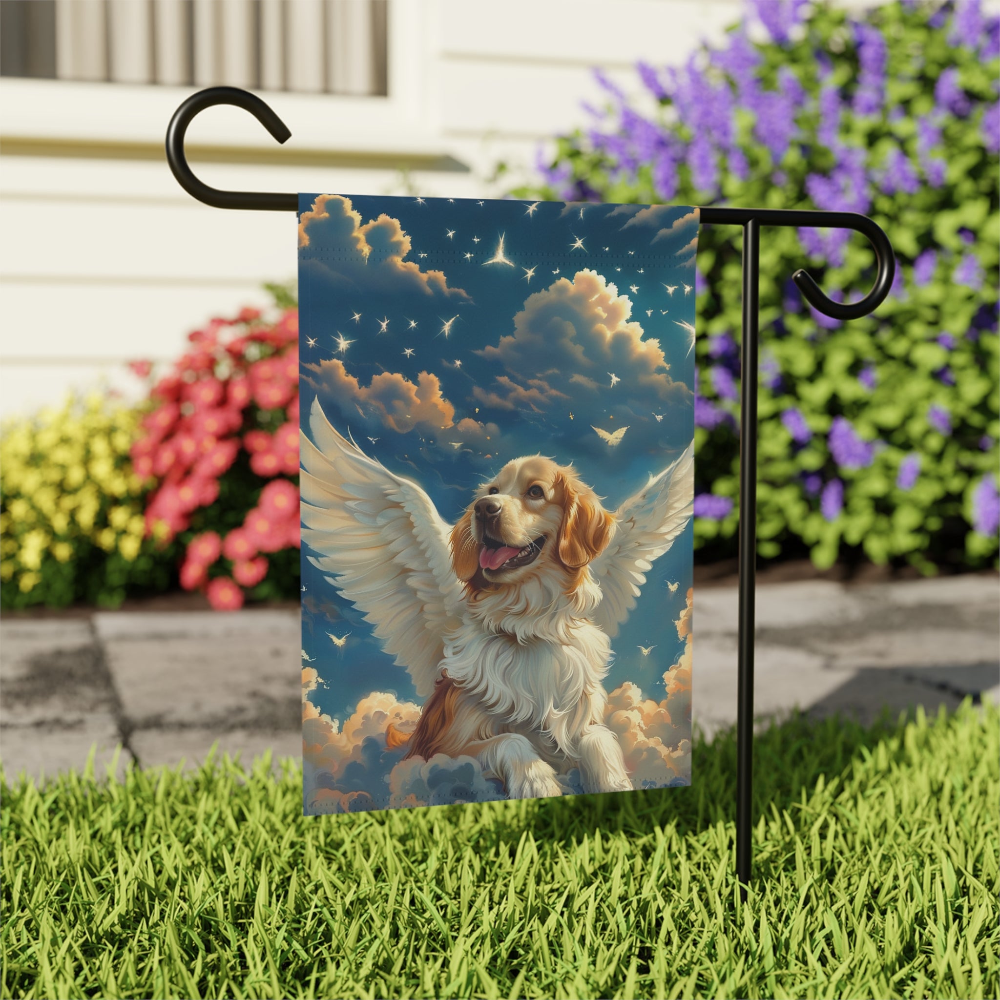 Angel Golden Retriever Garden Flag - outdoor display - Dragonfire Gardens