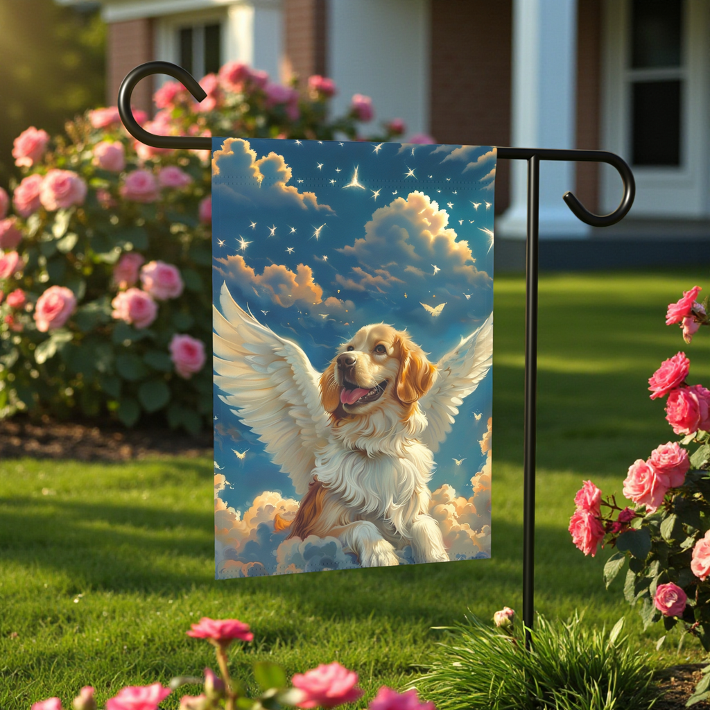 Angel Golden Retriever Garden Flag - front view - Dragonfire Gardens