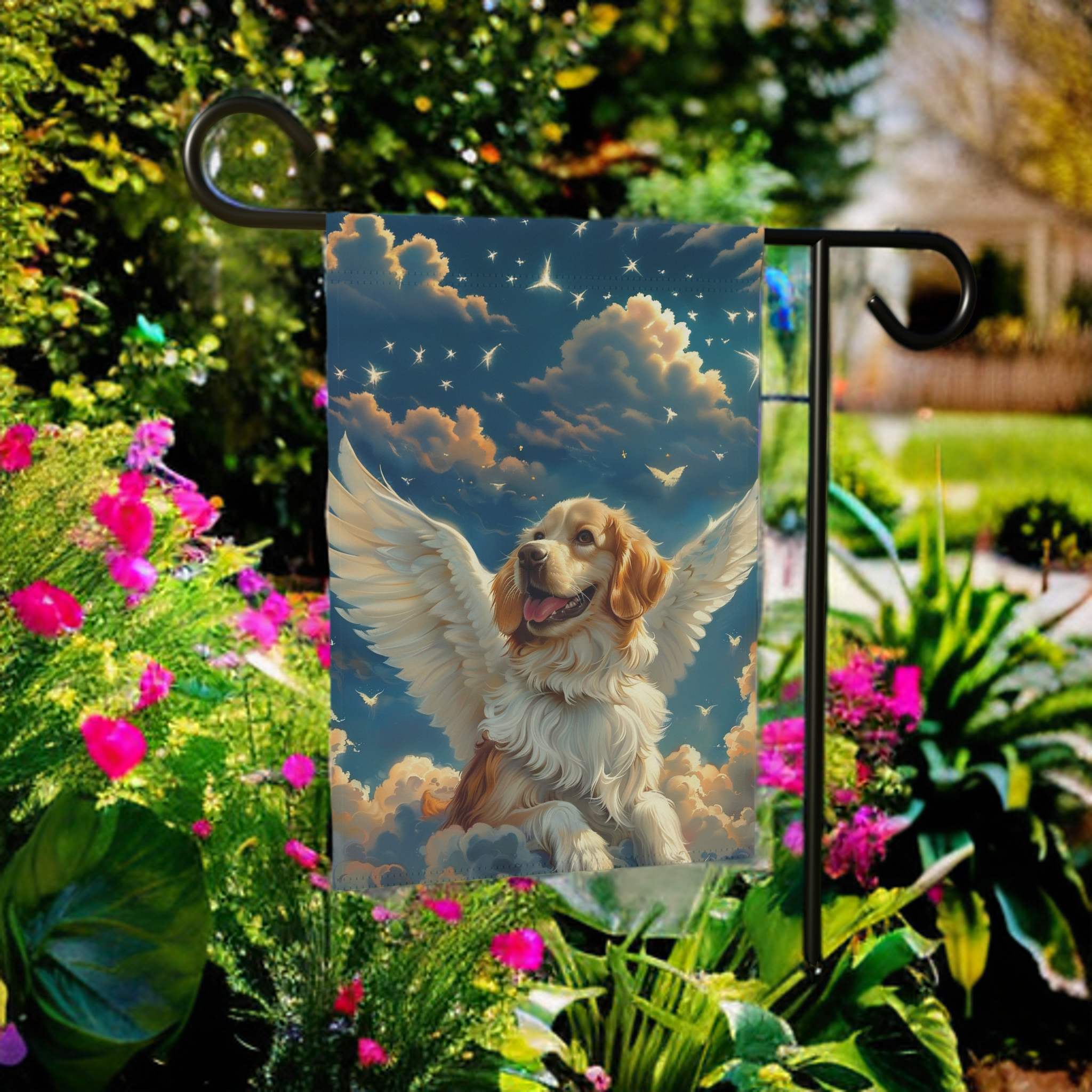 Angel Golden Retriever Garden Flag - double-sided design - Dragonfire Gardens