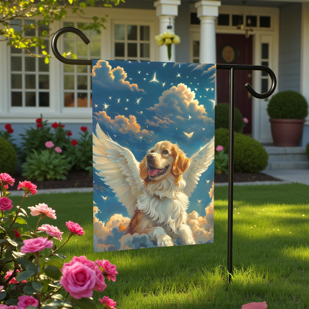 Angel Golden Retriever Garden Flag - lifestyle display - Dragonfire Gardens