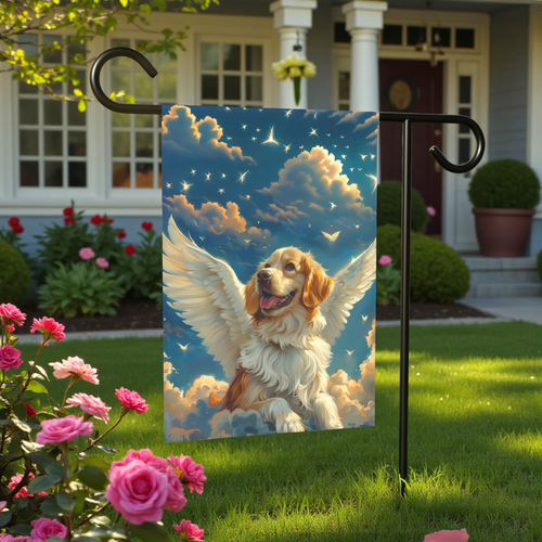 Angel Golden Retriever Garden Flag - lifestyle display - Dragonfire Gardens