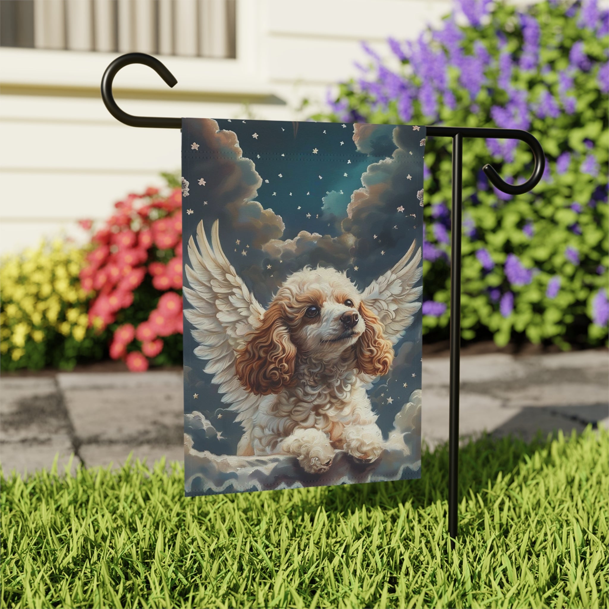 Angel Poodle Garden Flag - outdoor display - Dragonfire Gardens