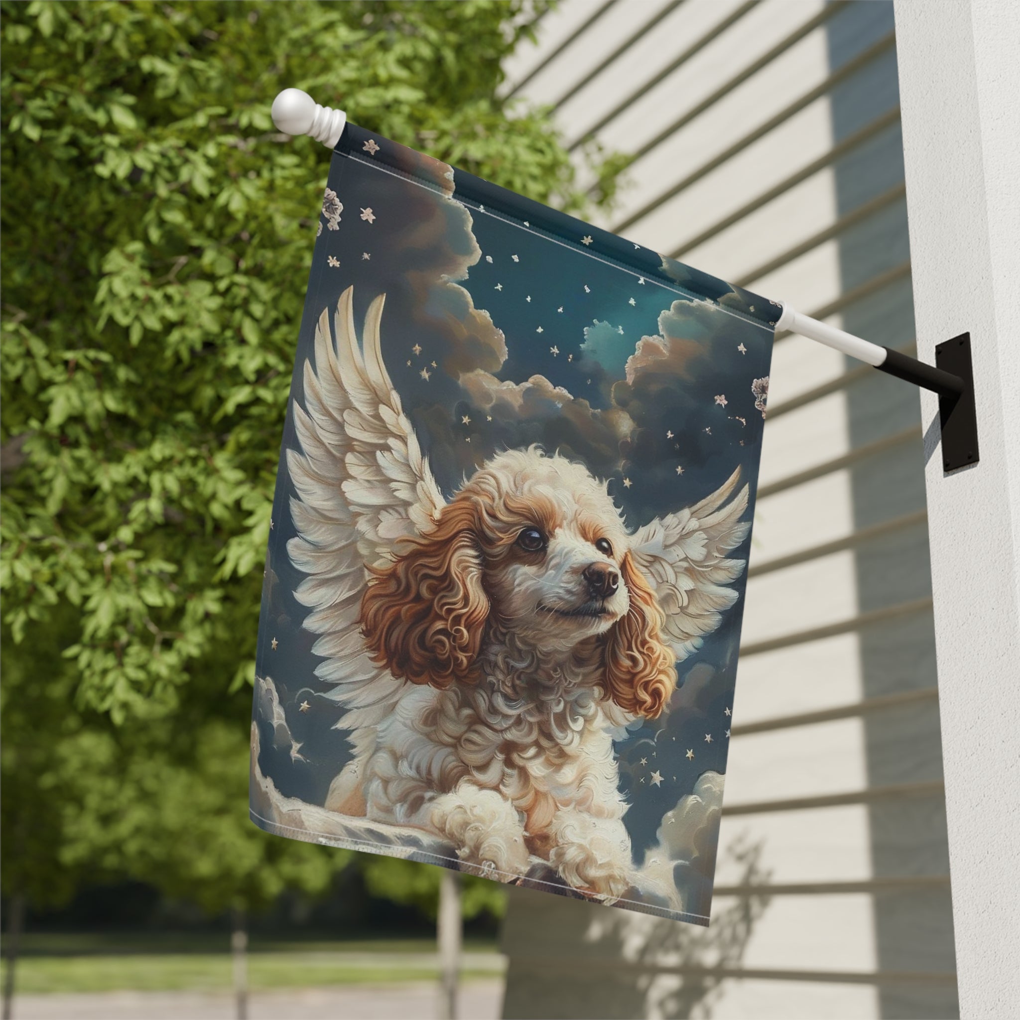 Angel Poodle Garden Flag - close-up detail - Dragonfire Gardens