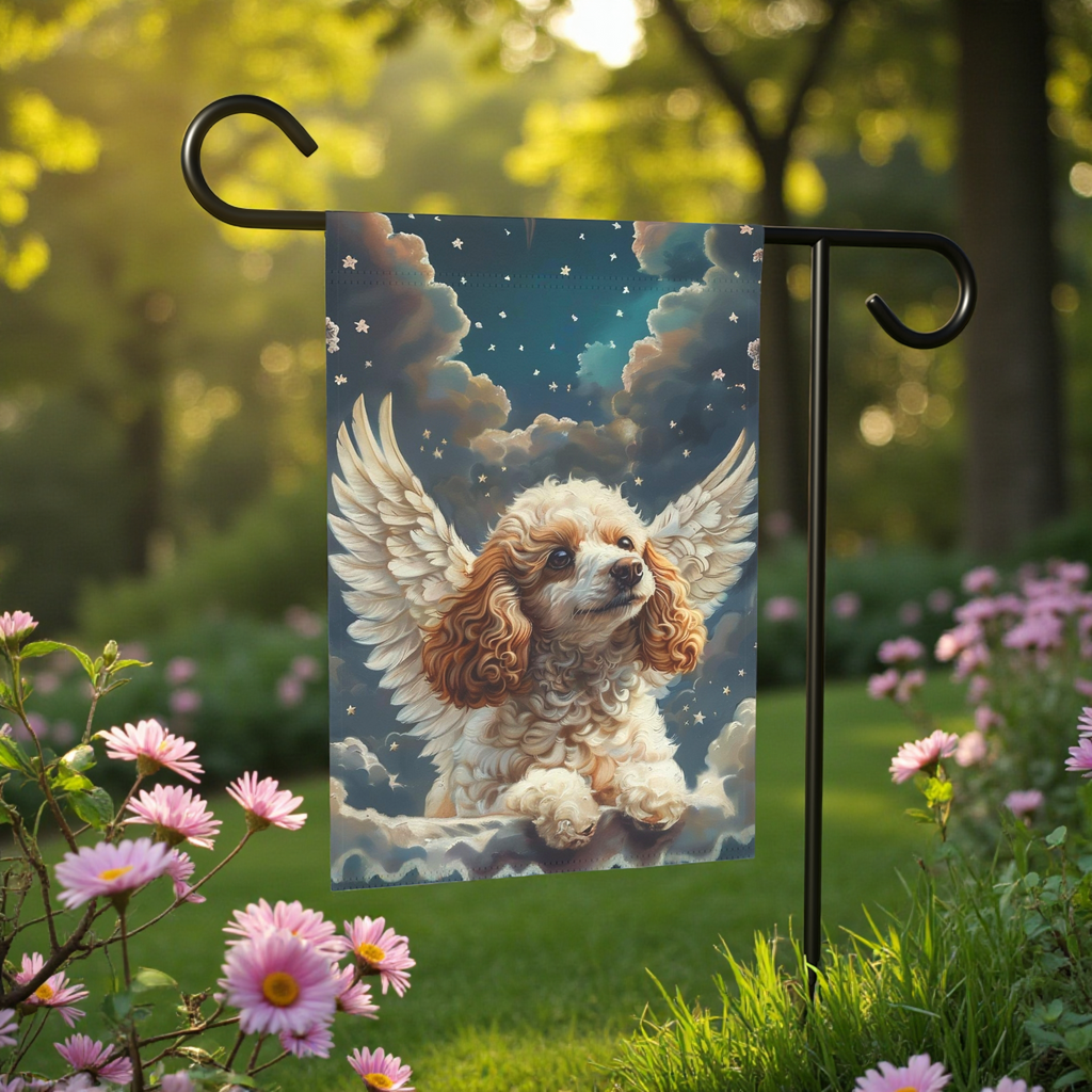 Angel Poodle Garden Flag - size comparison - Dragonfire Gardens