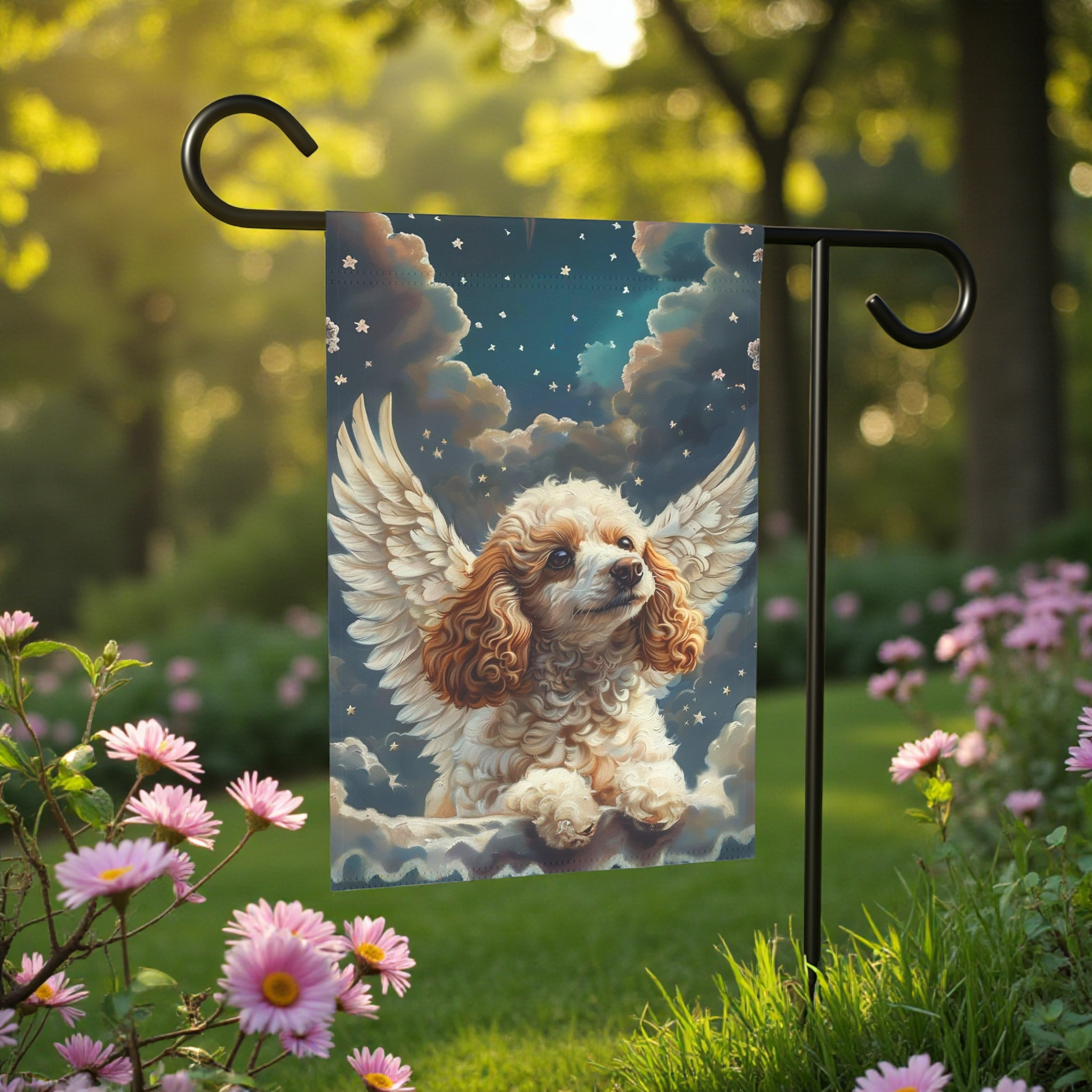 Angel Poodle Garden Flag - size comparison - Dragonfire Gardens