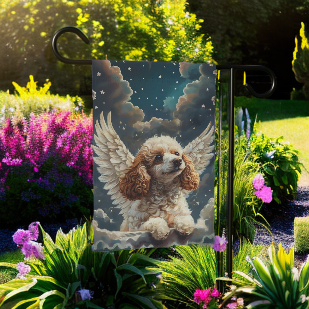 Angel Poodle Garden Flag - lifestyle display - Dragonfire Gardens