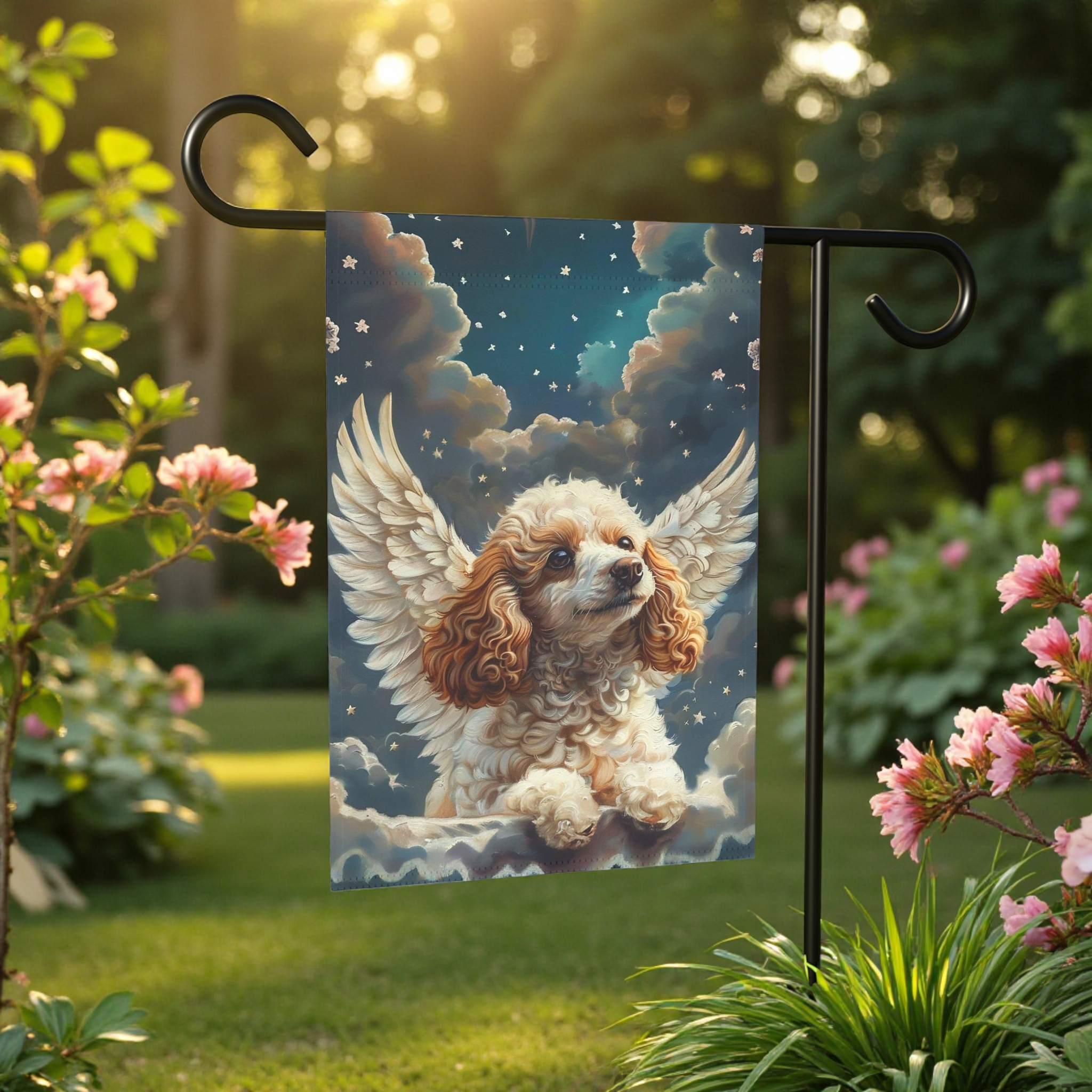 Angel Poodle Garden Flag - front view - Dragonfire Gardens