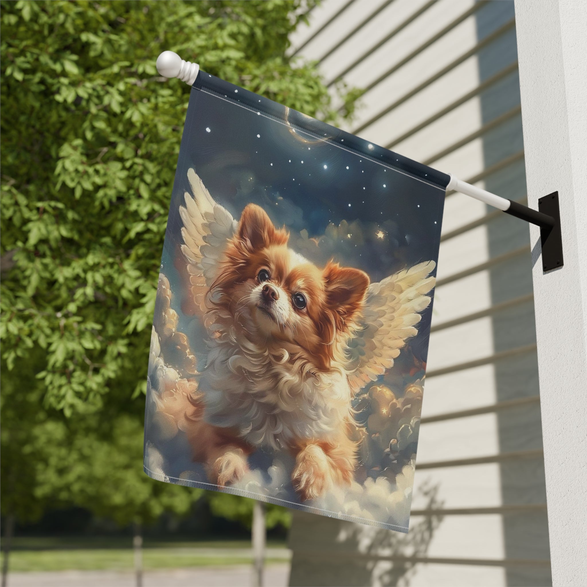 Angel Pomeranian Garden Flag - close-up detail - Dragonfire Gardens