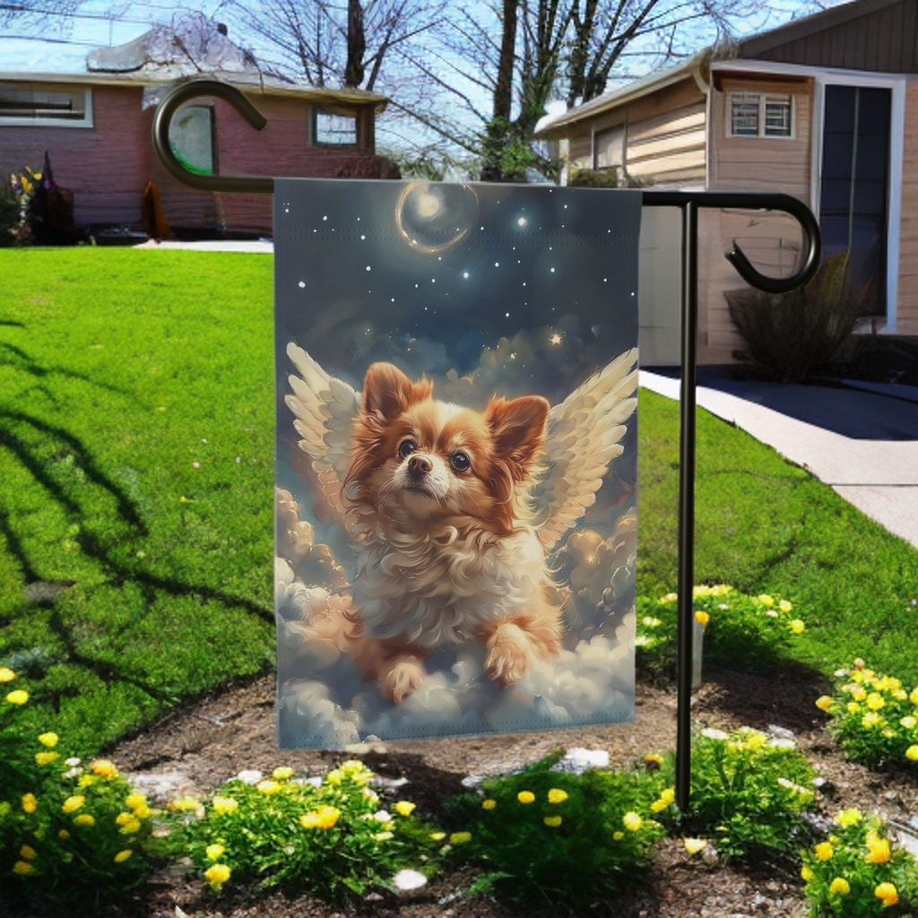 Angel Pomeranian Garden Flag - size comparison - Dragonfire Gardens