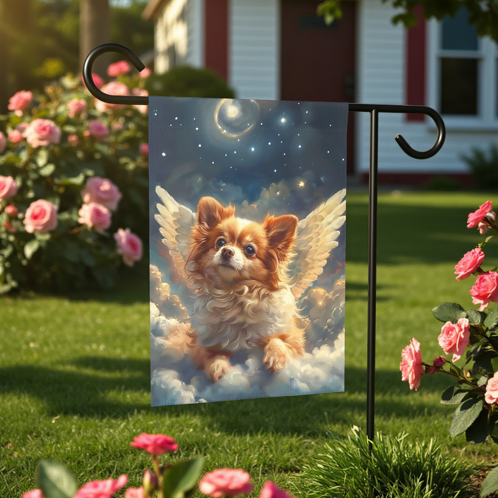 Angel Pomeranian Garden Flag - front view - Dragonfire Gardens