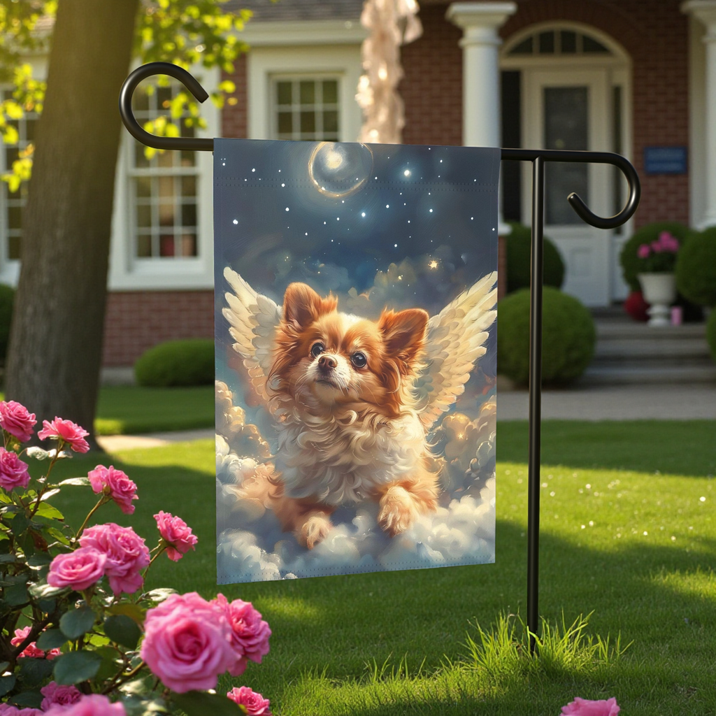 Angel Pomeranian Garden Flag - lifestyle display - Dragonfire Gardens