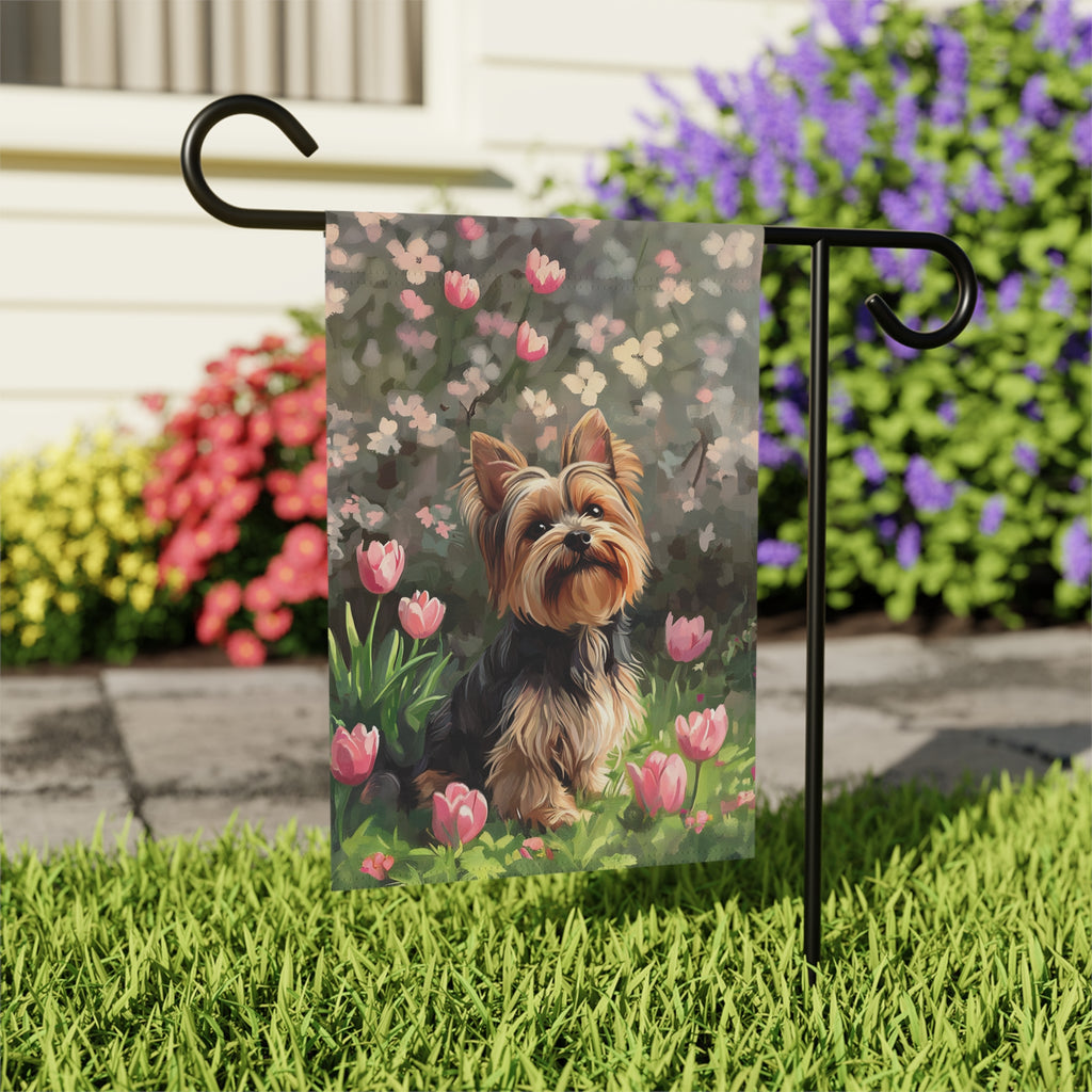 Pink Tulip Yorkshire Terrier Garden Flag - outdoor display - Dragonfire Gardens