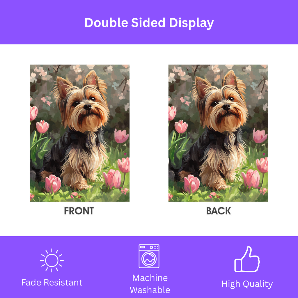 Pink Tulip Yorkshire Terrier Garden Flag - double-sided design - Dragonfire Gardens