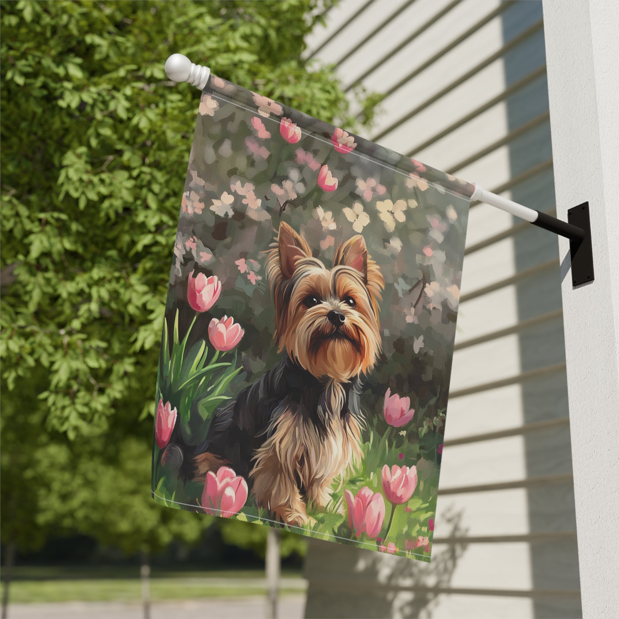 Pink Tulip Yorkshire Terrier Garden Flag