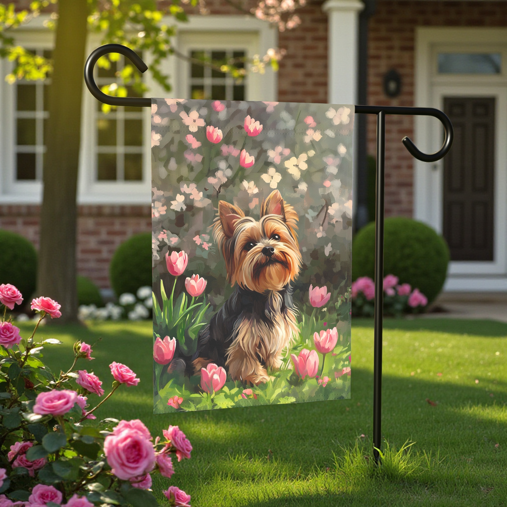 Pink Tulip Yorkshire Terrier Garden Flag - front view - Dragonfire Gardens