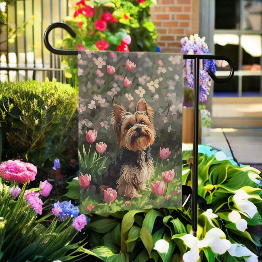 Pink Tulip Yorkshire Terrier Garden Flag - size comparison - Dragonfire Gardens