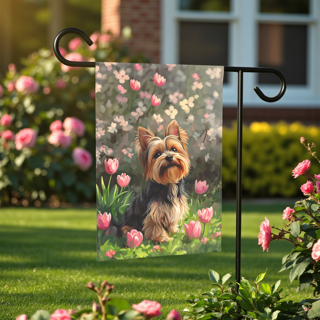 Pink Tulip Yorkshire Terrier Garden Flag - lifestyle display - Dragonfire Gardens