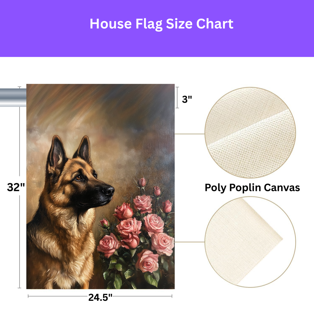 Pink Roses and German Shepherd Garden Flag - yard display - Dragonfire Gardens
