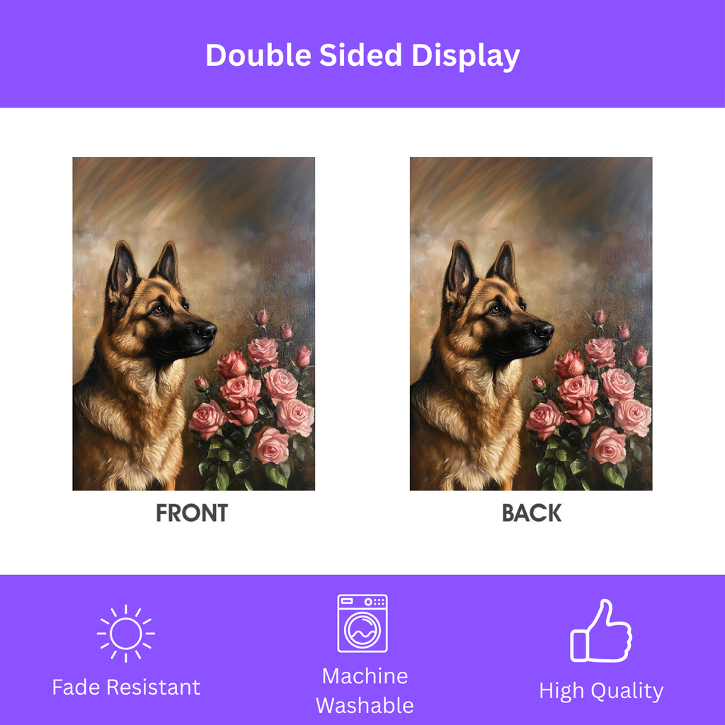 Pink Roses and German Shepherd Garden Flag - size comparison - Dragonfire Gardens
