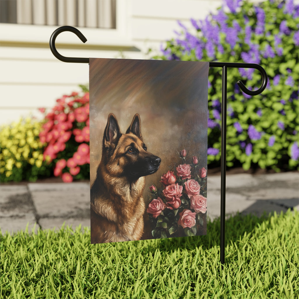 Pink Roses and German Shepherd Garden Flag - close-up detail - Dragonfire Gardens