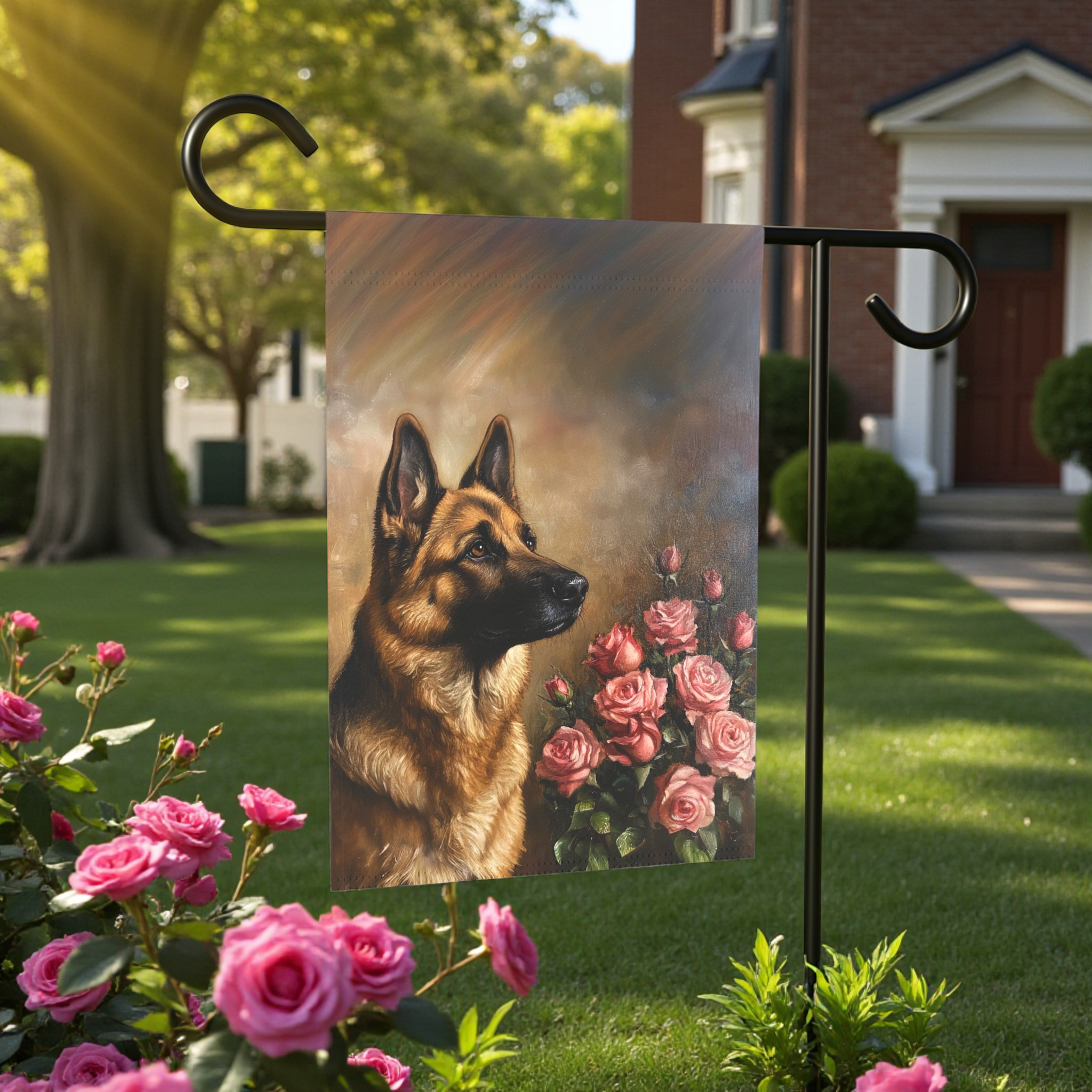 Pink Roses and German Shepherd Garden Flag - outdoor display - Dragonfire Gardens