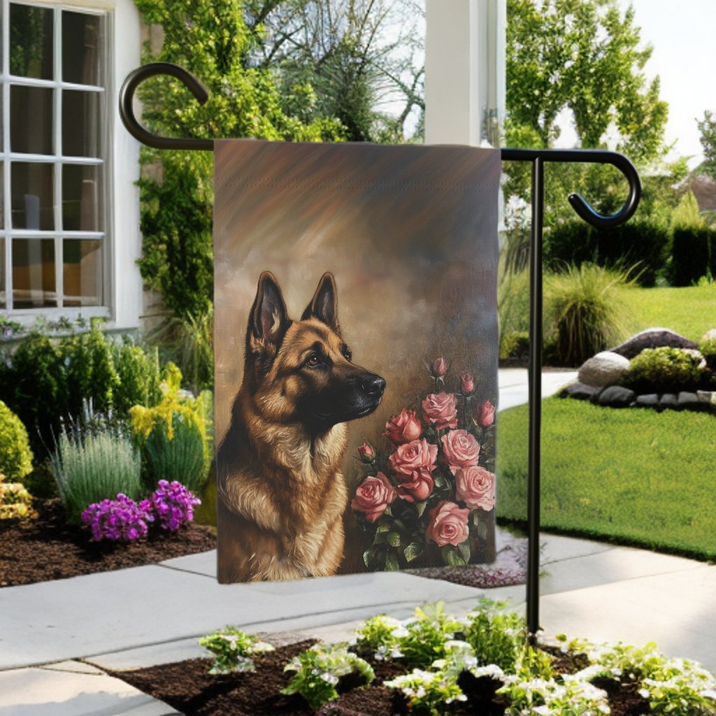 Pink Roses and German Shepherd Garden Flag - lifestyle display - Dragonfire Gardens