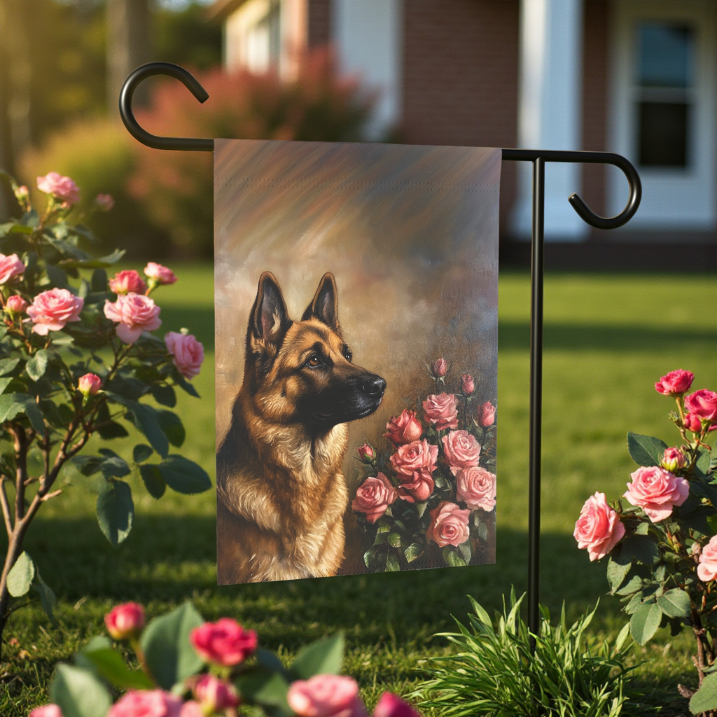 Pink Roses and German Shepherd Garden Flag - front view - Dragonfire Gardens
