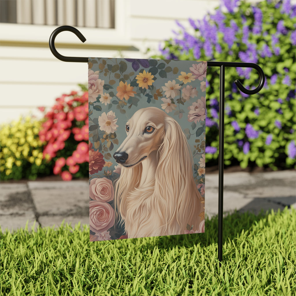 Pink Flower Saluki Garden Flag - close-up detail - Dragonfire Gardens