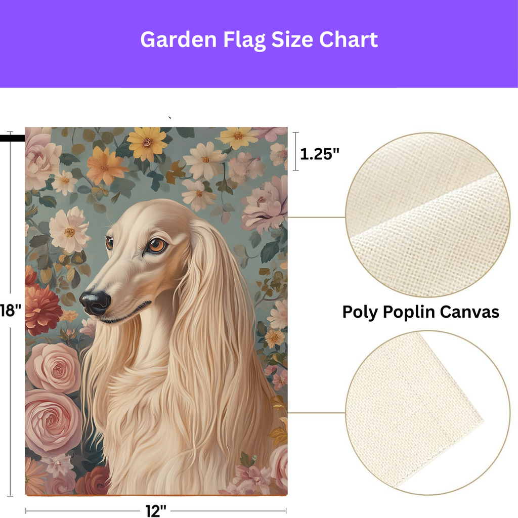 Pink Flower Saluki Garden Flag - size comparison - Dragonfire Gardens