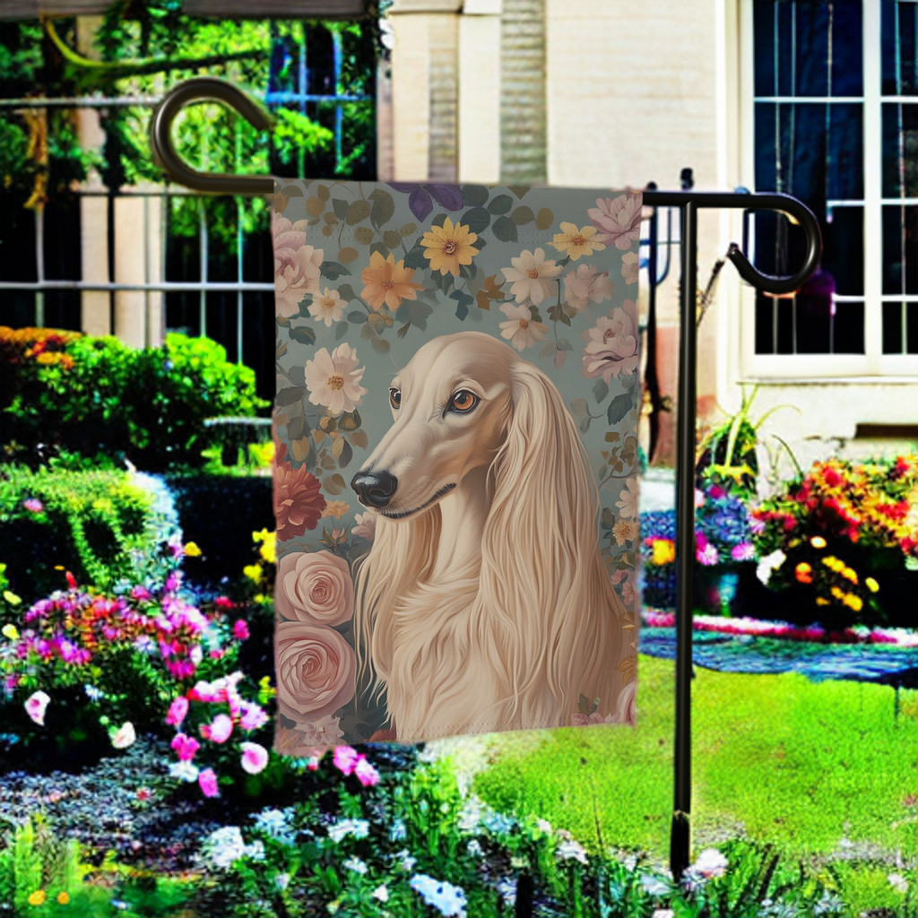 Pink Flower Saluki Garden Flag - lifestyle display - Dragonfire Gardens