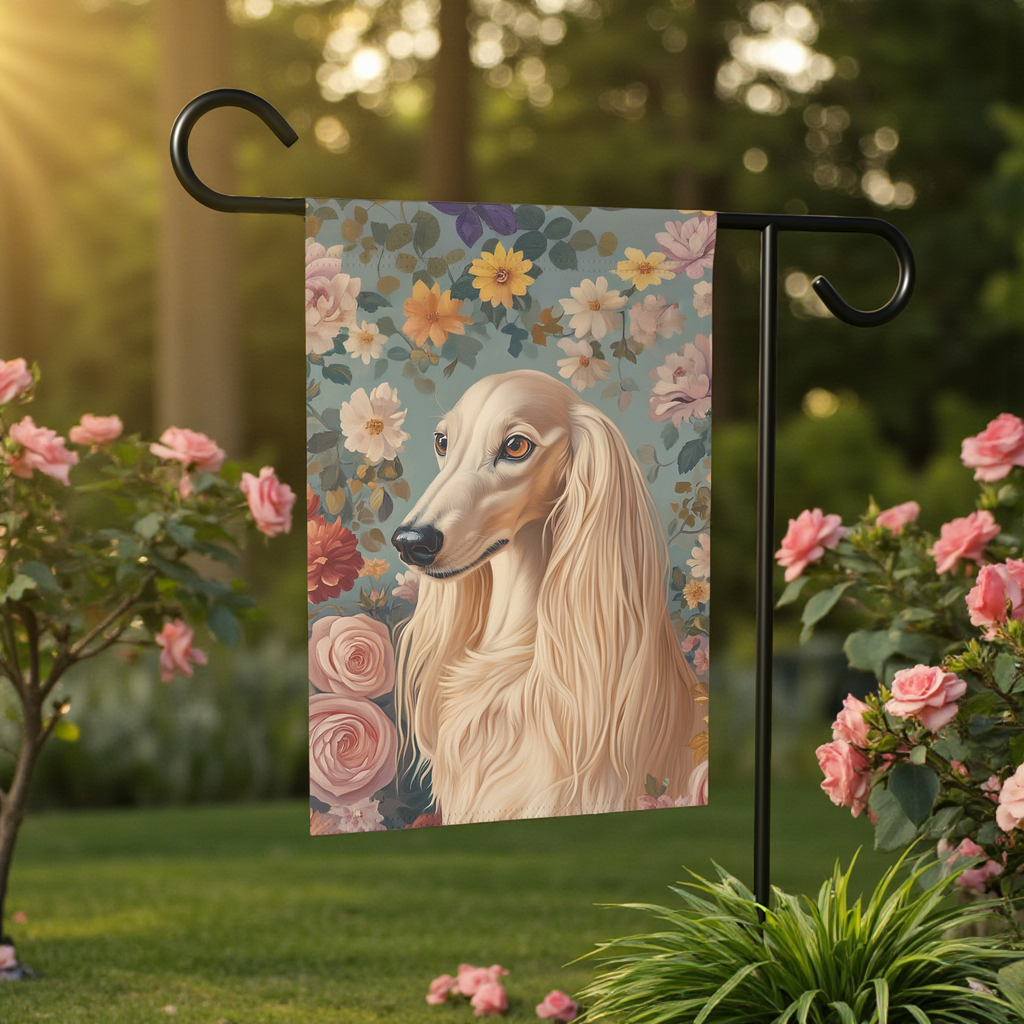 Pink Flower Saluki Garden Flag - front view - Dragonfire Gardens