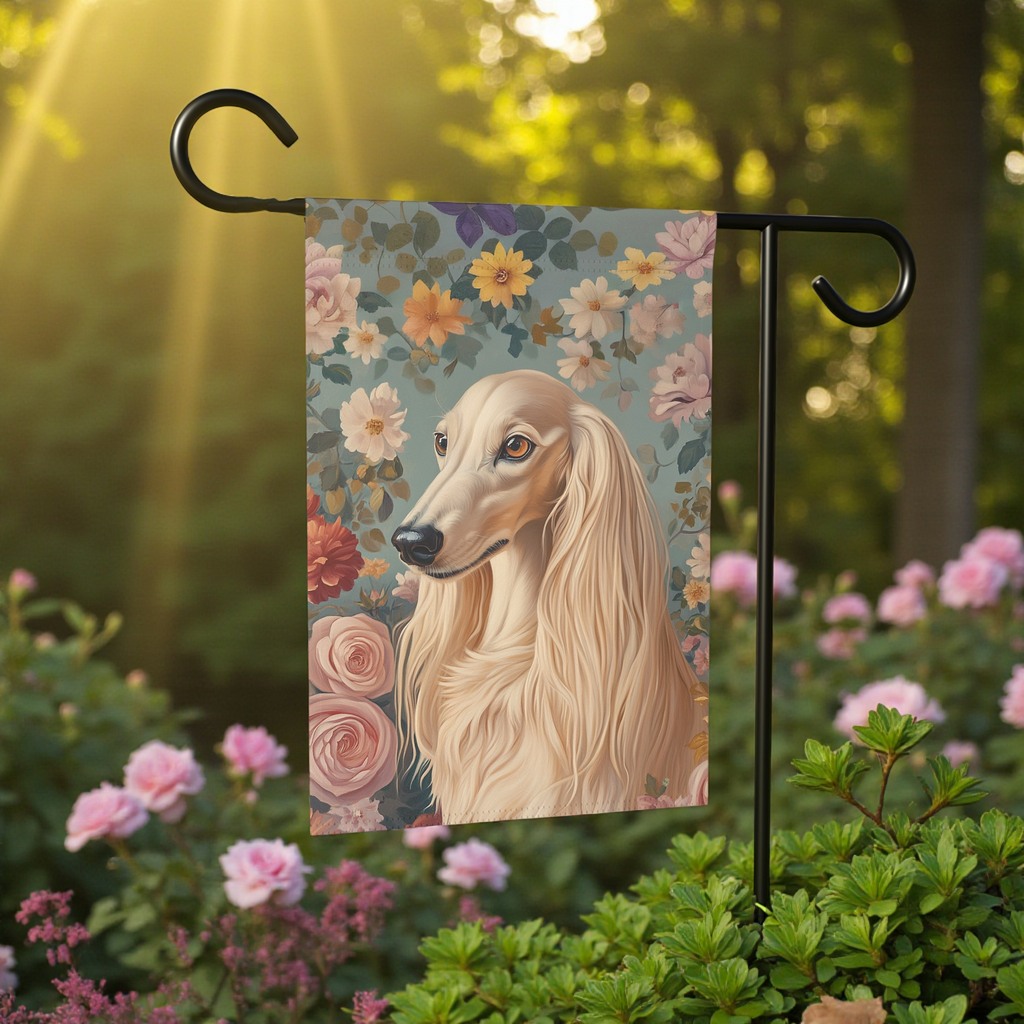 Pink Flower Saluki Garden Flag - outdoor display - Dragonfire Gardens
