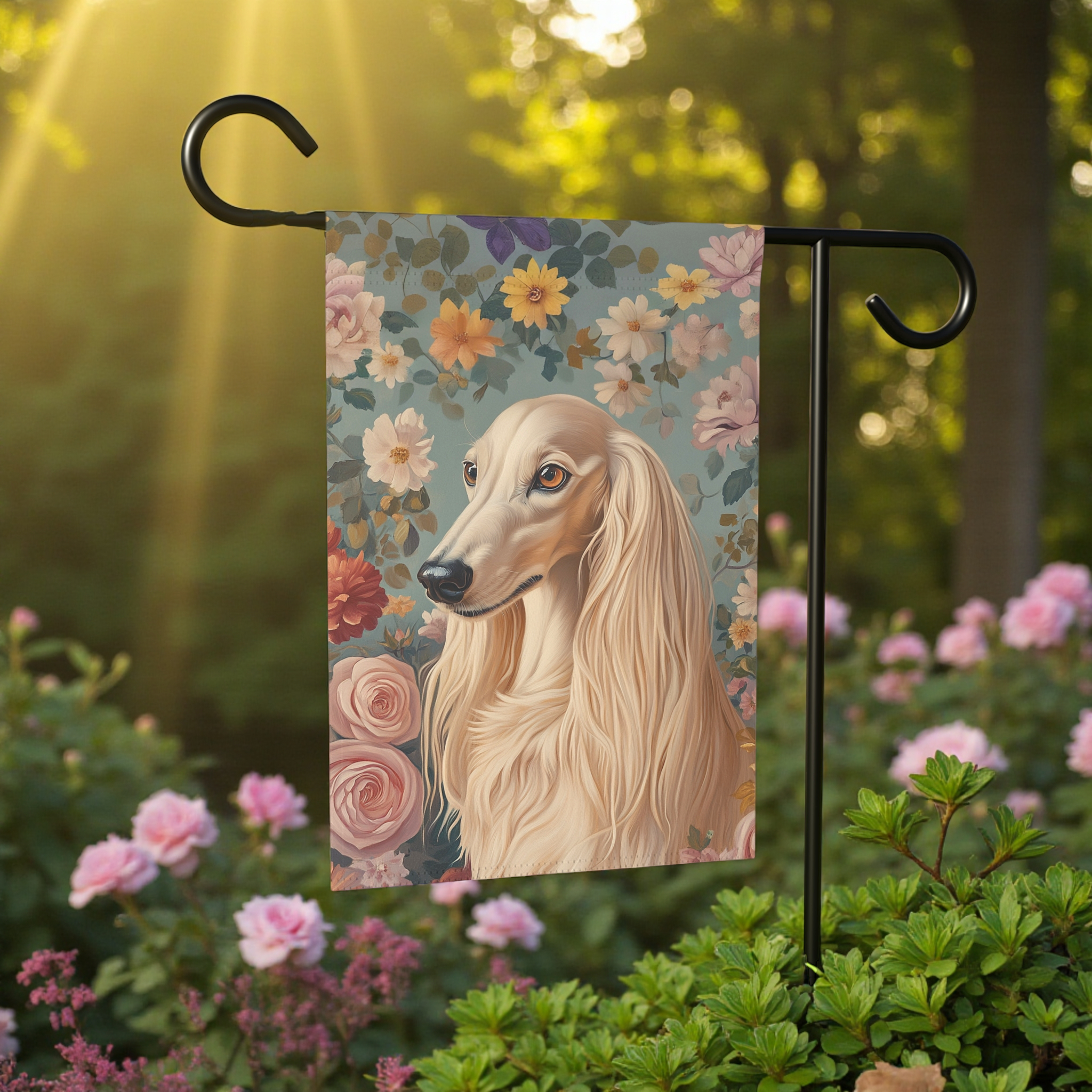 Pink Flower Saluki Garden Flag - outdoor display - Dragonfire Gardens