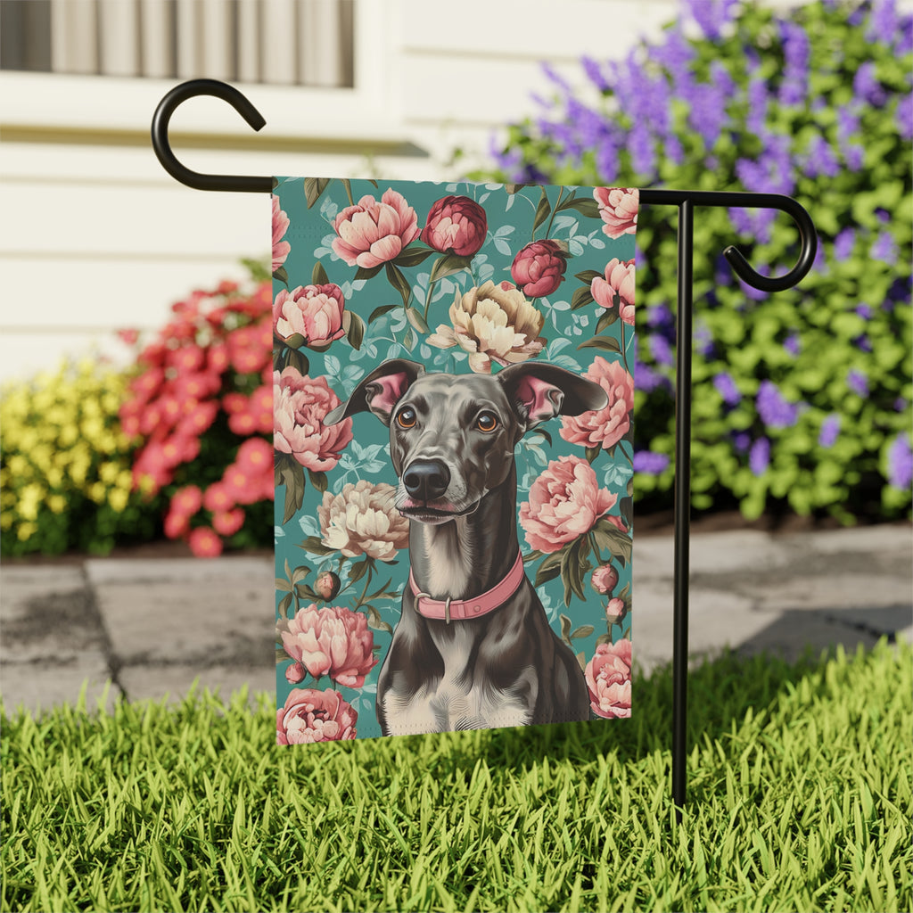 Pink Collar Greyhound Garden Flag - outdoor display - Dragonfire Gardens